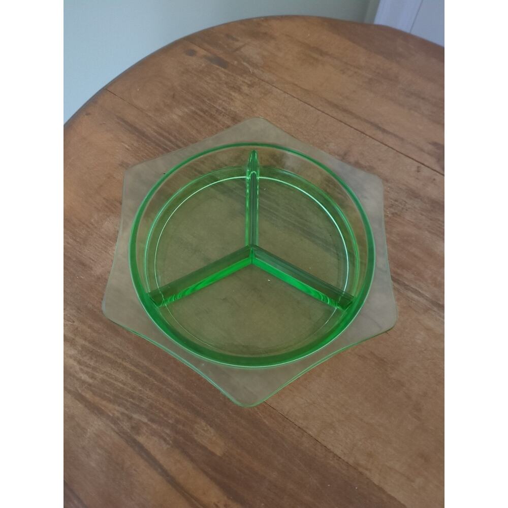 Vintage Depression Green Uranium Glass Divided Dish